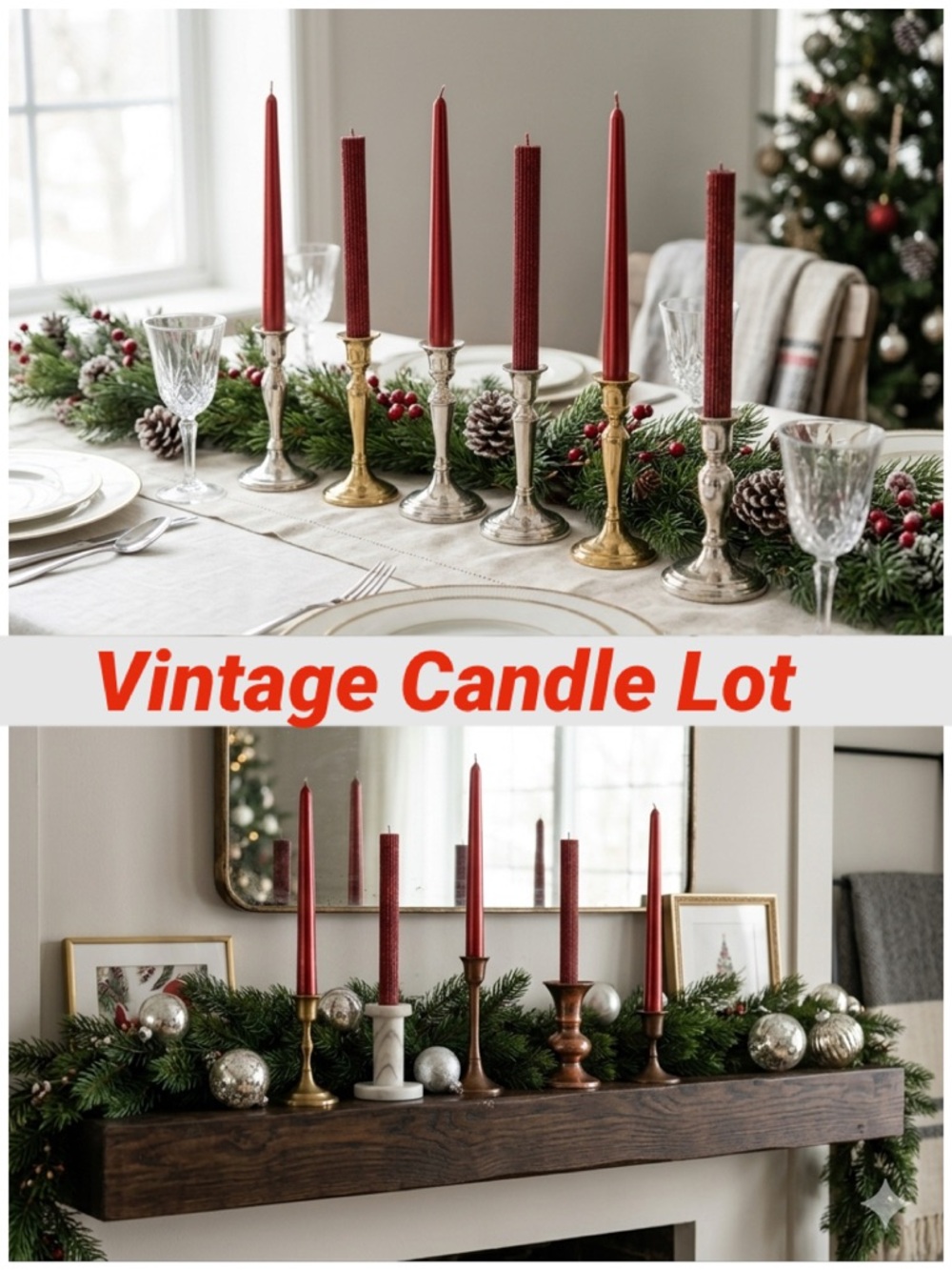 Red Glitter Taper Candle Set Metallic Rare Vintage Holiday Decoration Lot Bundle